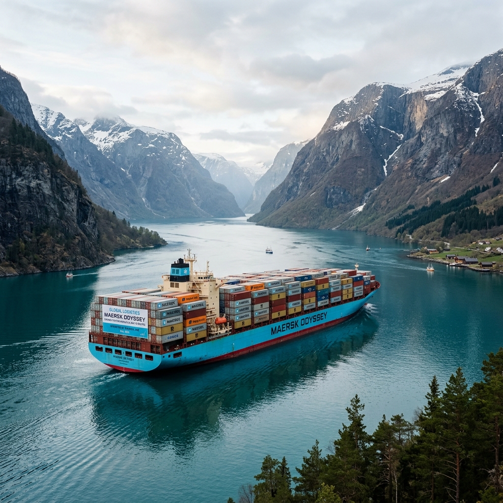 Container vessel in mountain landscape
