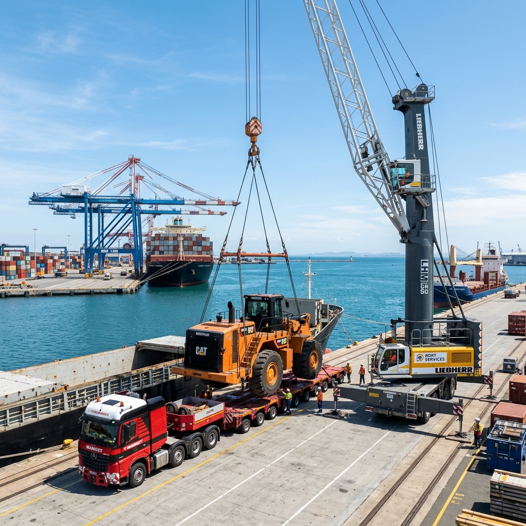 Port crane handling project machinery